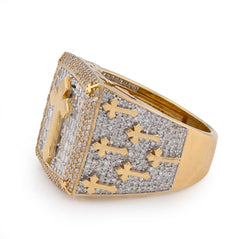 10k Yellow Gold 2.30 CTW Round/Baguette Rectangle Natural Diamond Centre Cross Side Iced Men Pinky Ring 10g
