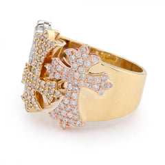 10k Gold Yellow/White/Rose Three Cross 2.5 CTW Natural Diamond Men Pinky Ring 11.1g
