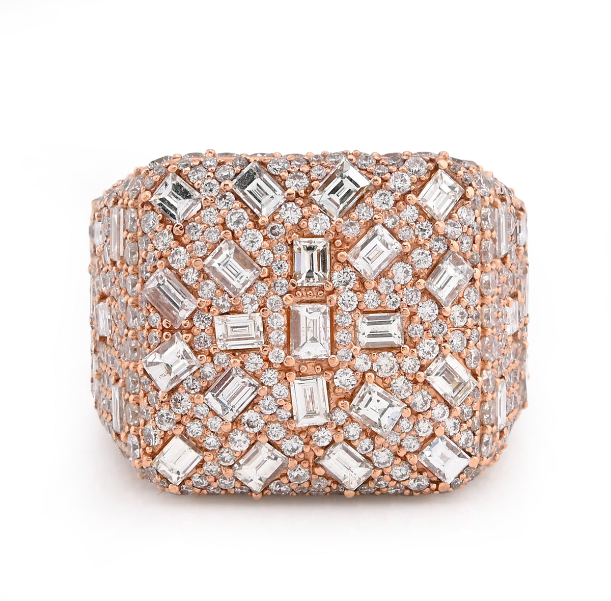 10k Rose Gold 7.85 CTW Round/Emerald Natural Diamond Square Side Iced Mens Pinky Ring 17.3g