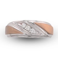 10k White/Rose Gold 0.17 CTW Natural Diamond Diagonal Centre 3 Stone Men Band 6.4g