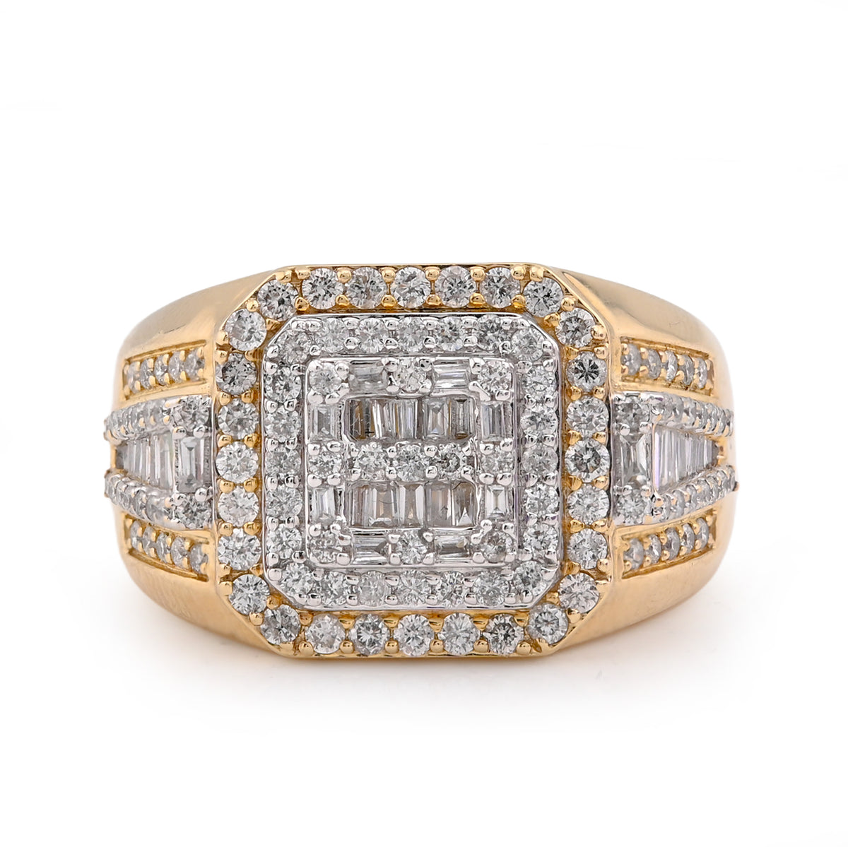 10k Yellow Gold 1.30 CTW Round/baguette Natural Diamond 3 Layer Square Shape Men Pinky Ring 7.8g