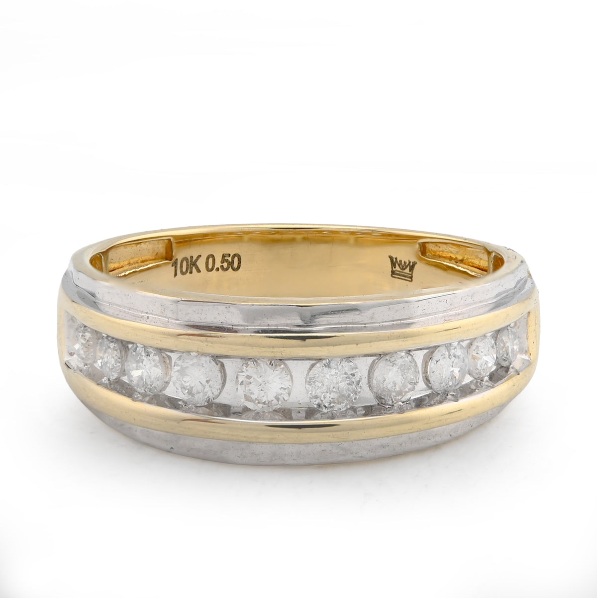 10k Yellow/White Gold Centre Row 0.50 CTW Natural Diamond Men 2 Tone Band 4.6g