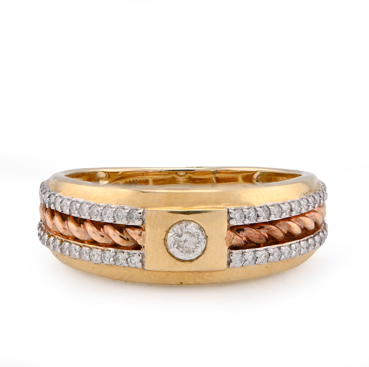 14k White/Rose Gold 0.42 CTW Centre Solitaire 2 Row Side Natural Diamond 2 Tone Men Band 5.4g