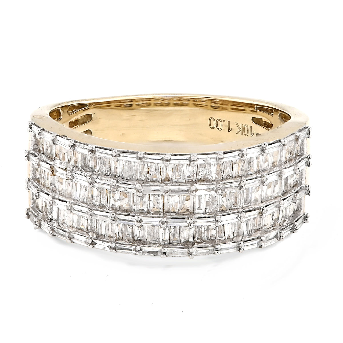 10k Yellow Gold Baguette 3 Row 1.0 CTW Natural Diamond Men Ring Band 5.8g