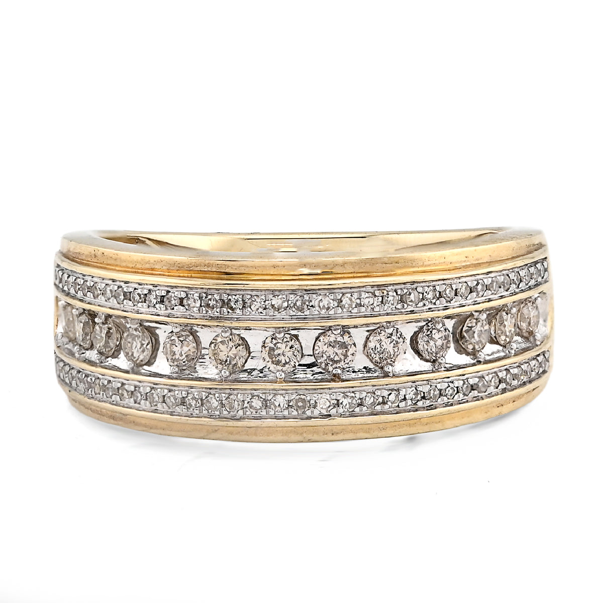 10k Yellow Gold 3 Row Round Natural Diamond 0.50 CTW Men Band 6.9gm