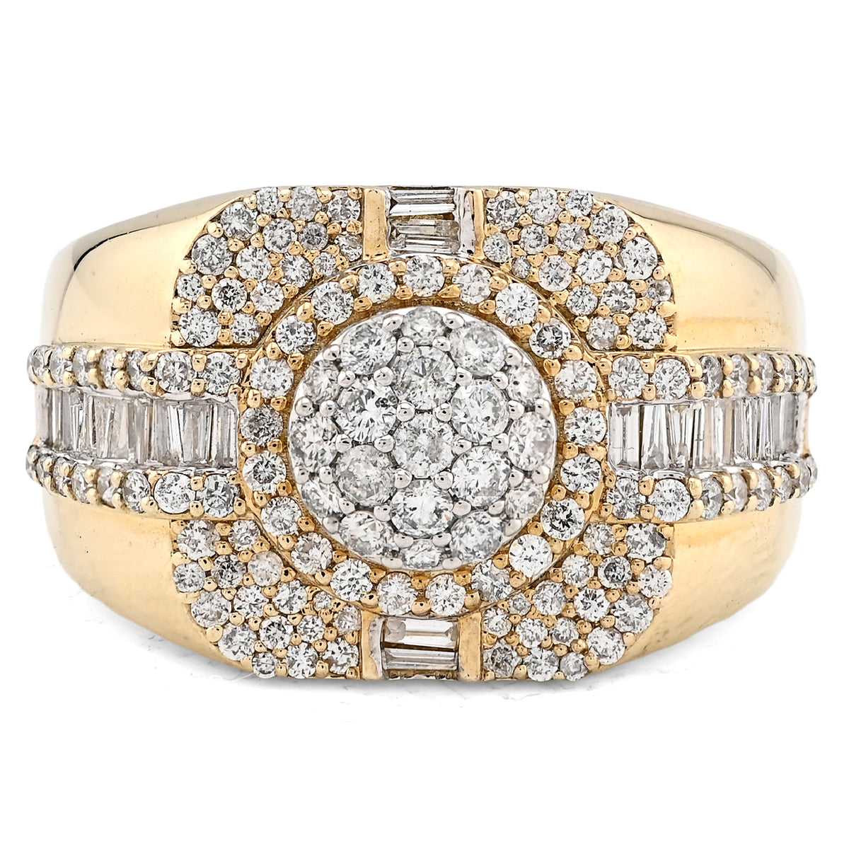 10k Yellow Gold 1.55 CTW Cluster Centre 4 Row Edge Baguette Natural Diamond Men Pinky Ring 10g