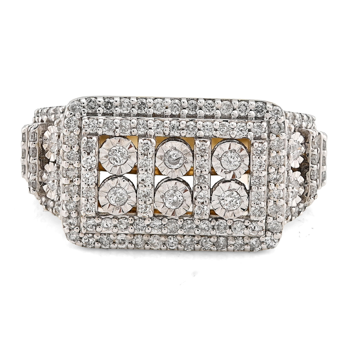 10k Yellow Gold Rectangle Multi-Column Illusion Side Iced 1.05 CTW Natural Diamond Men Pinky Ring 9.7g