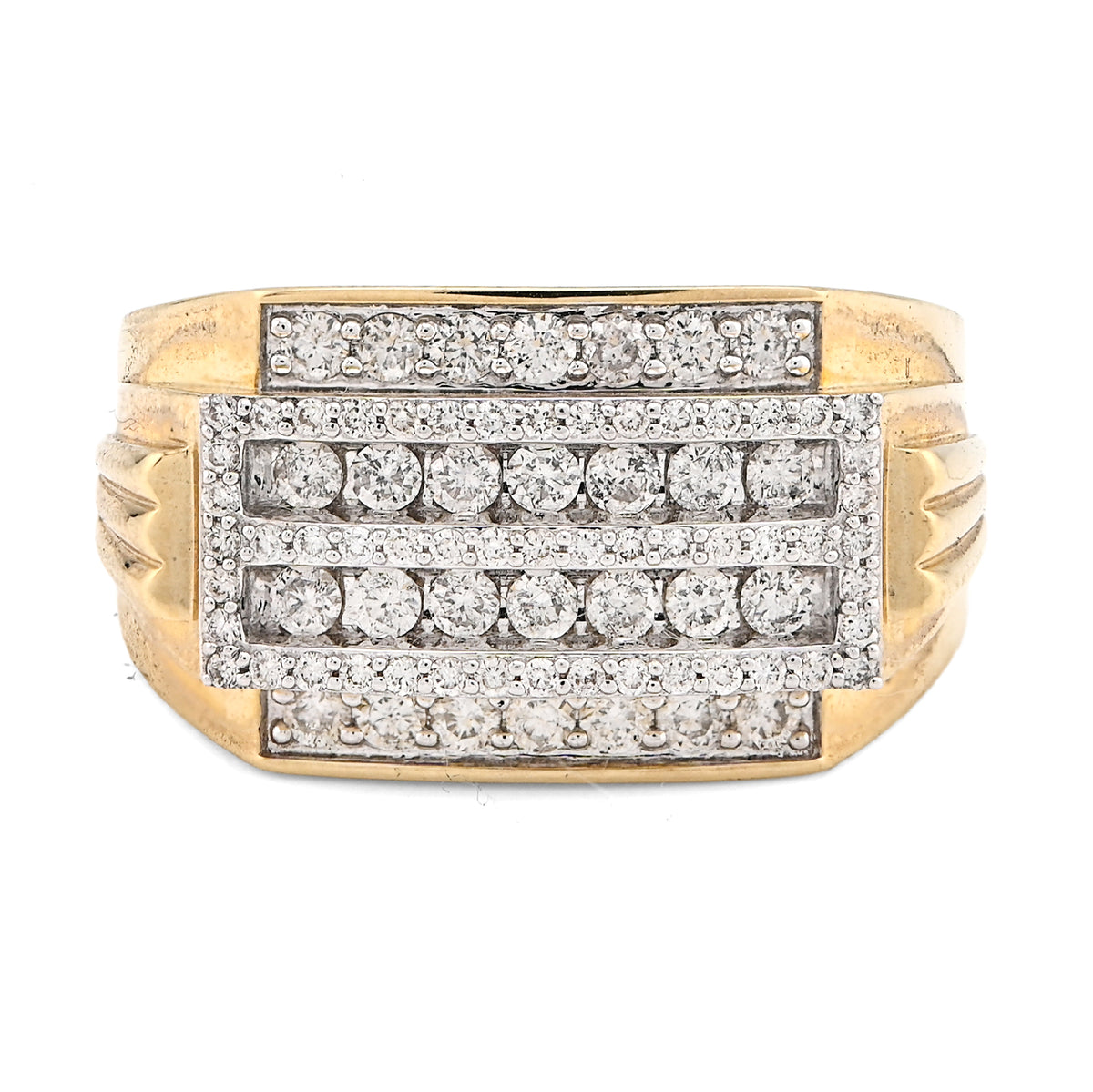 10k Yellow Gold 1.0 CTW Natural Diamond 2 Row Centre Iced Edge Men Ring 8g