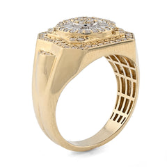 10k Yellow Gold Centre Flower Cluster 1.05 CTW Baguette/Round Natural Diamond Men Ring 7.5g