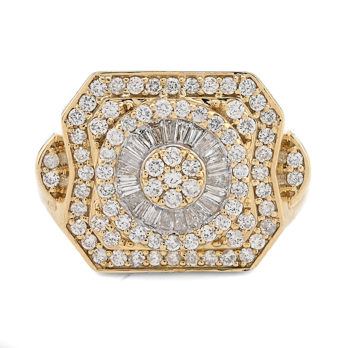 10k Yellow Gold Centre Flower Cluster 1.05 CTW Baguette/Round Natural Diamond Men Ring 7.5g