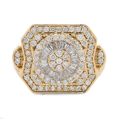 10k Yellow Gold Centre Flower Cluster 1.05 CTW Baguette/Round Natural Diamond Men Ring 7.5g