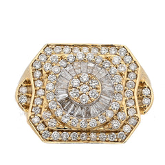 10k Yellow Gold Centre Flower Cluster 1.05 CTW Baguette/Round Natural Diamond Men Ring 7.5g