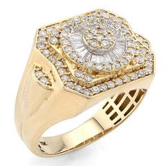 10k Yellow Gold Centre Flower Cluster 1.05 CTW Baguette/Round Natural Diamond Men Ring 7.5g