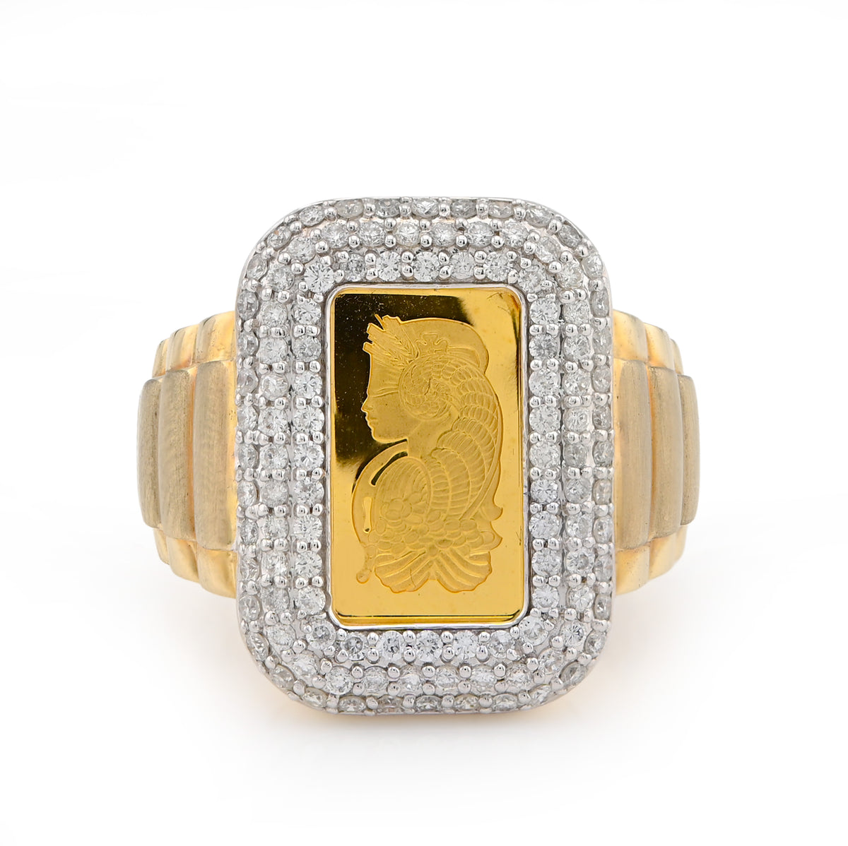 10k Yellow Gold 0.95 CTW Side Iced Natural Diamond Suisse Gold Bar Centre Men Pinky Ring 11.6g