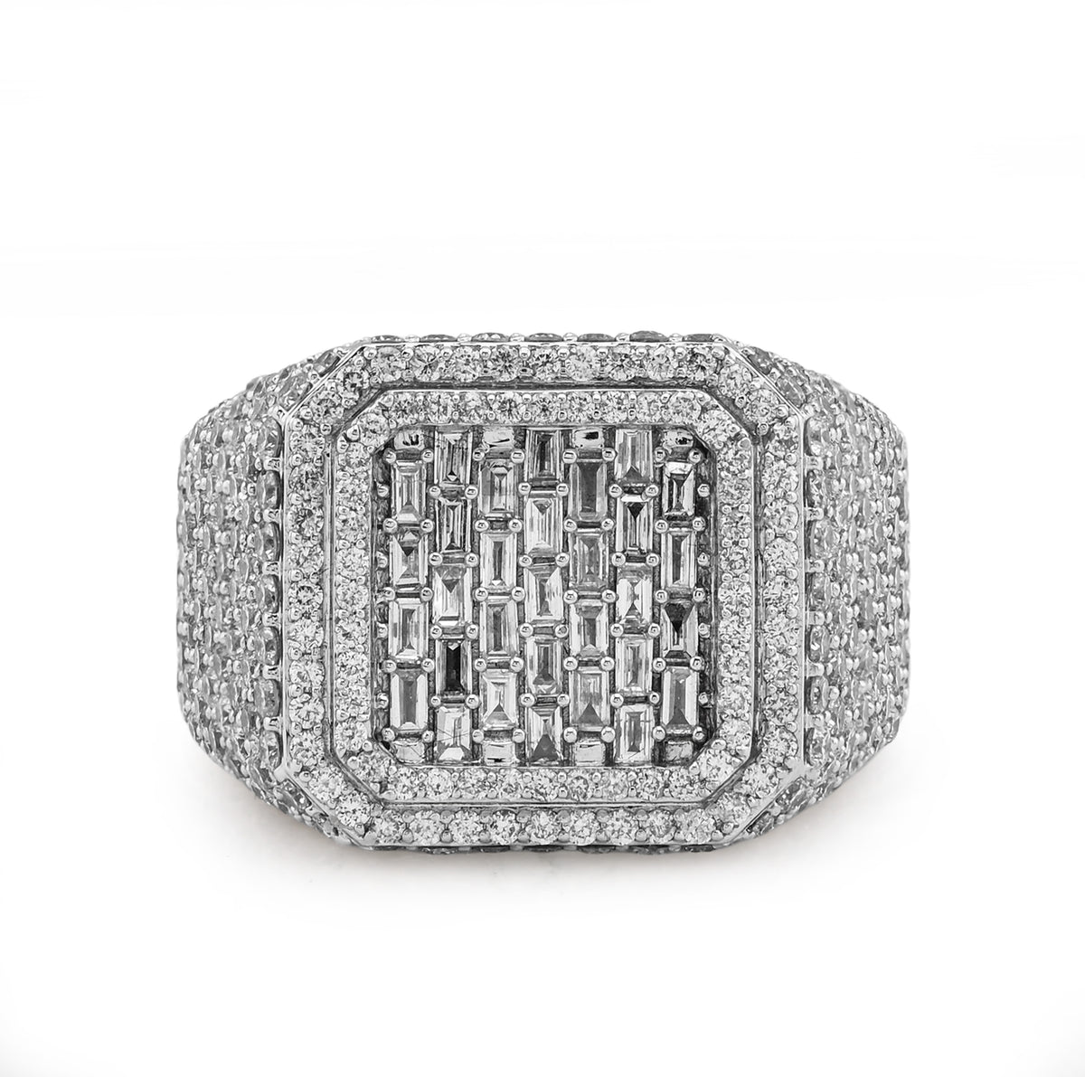 10k White Gold Square Shape 3.50 CTW Baguette Centre Side Iced Natural Diamond Men Pinky Ring 13.9g