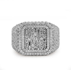 10k White Gold Square Shape 3.50 CTW Baguette Centre Side Iced Natural Diamond Men Pinky Ring 13.9g
