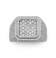 10k White Gold Square Shape 3.50 CTW Baguette Centre Side Iced Natural Diamond Men Pinky Ring 13.9g