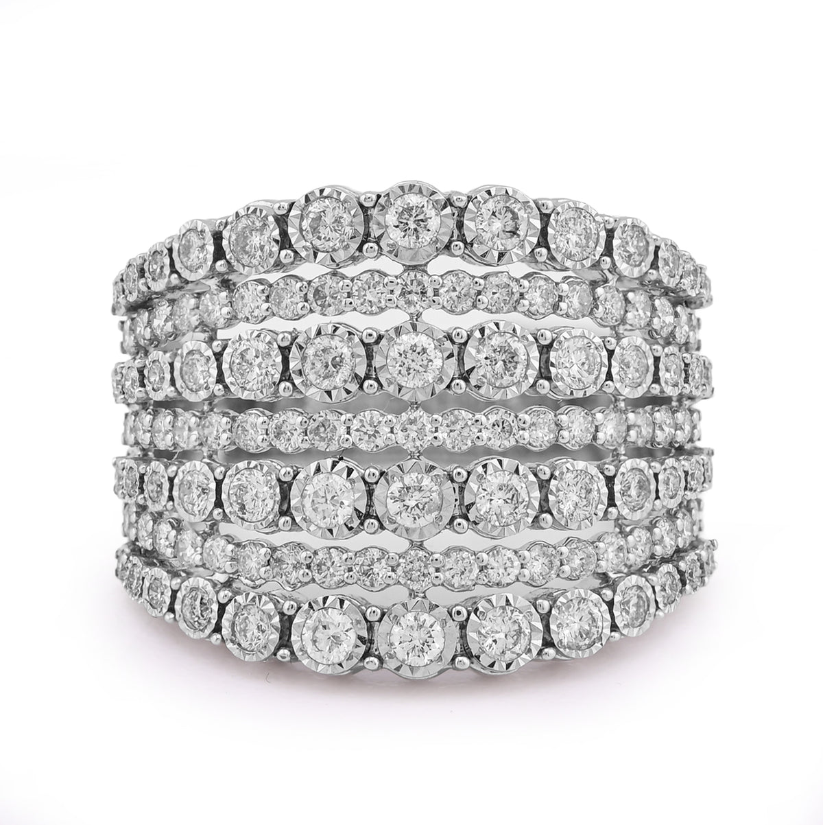 14k White Gold 1.5CTW Natural Multi-Row Womens Diamond Ring 7.5gm