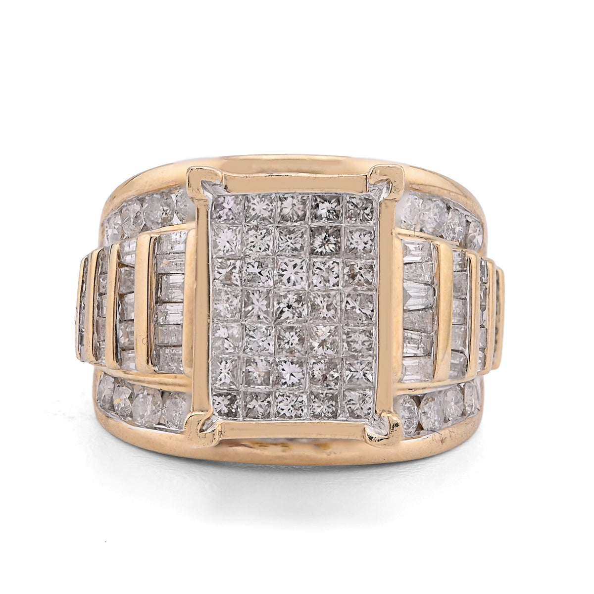 10k Yellow Gold Natural Princess/Round/Baguette 3.0CTW Diamond Rectangular Centre Womens Ring 10.1gm
