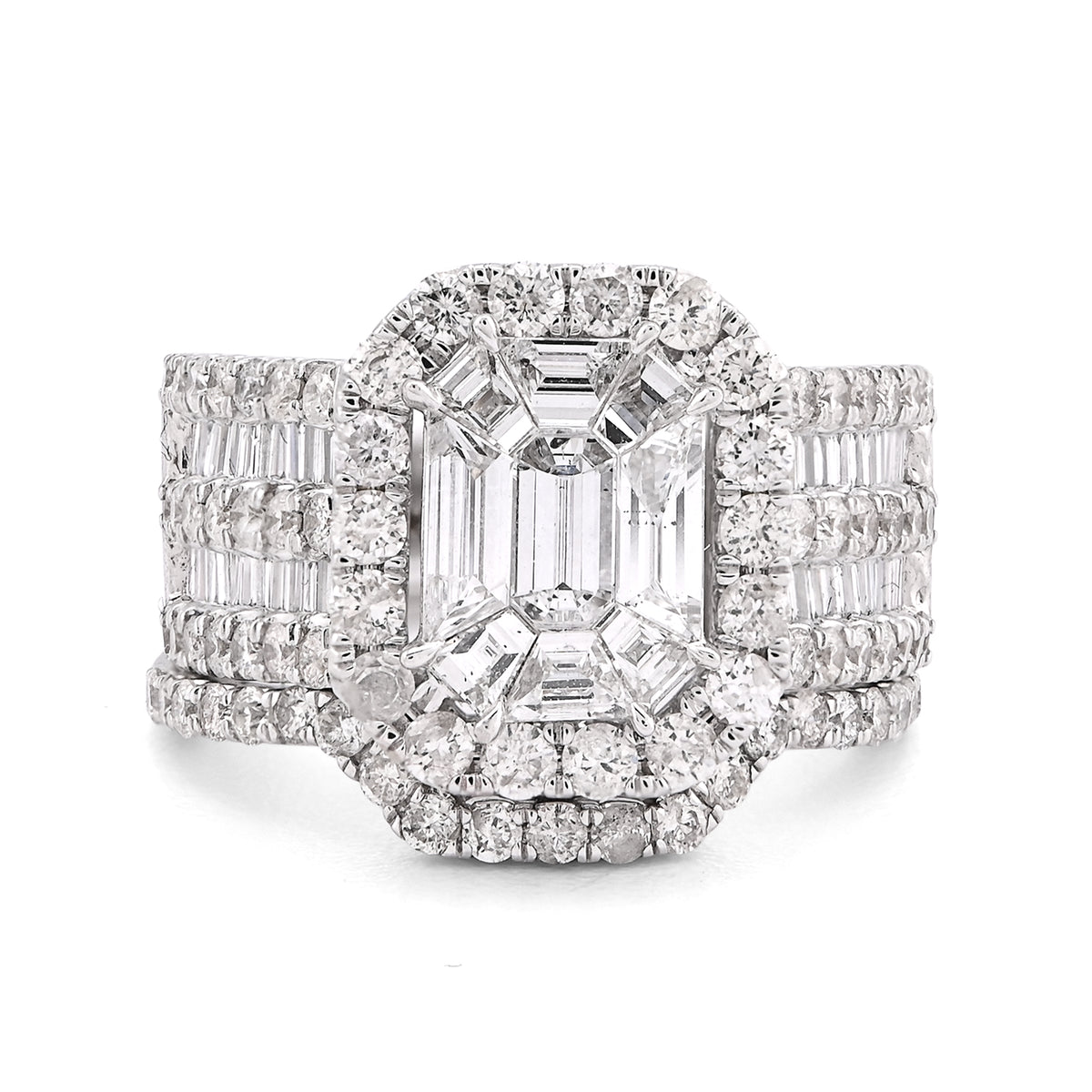 14k White Gold Octagon Centre Emerald/Baguette 3CTW Natural Diamond Womens Ring With Band 9.8gm