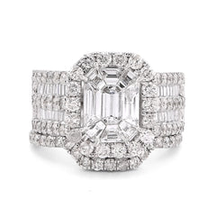 14k White Gold Octagon Centre Emerald/Baguette 3CTW Natural Diamond Womens Ring With Band 9.8gm