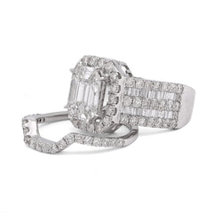 14k White Gold Octagon Centre Emerald/Baguette 3CTW Natural Diamond Womens Ring With Band 9.8gm