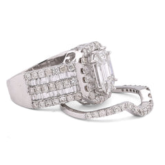 14k White Gold Octagon Centre Emerald/Baguette 3CTW Natural Diamond Womens Ring With Band 9.8gm