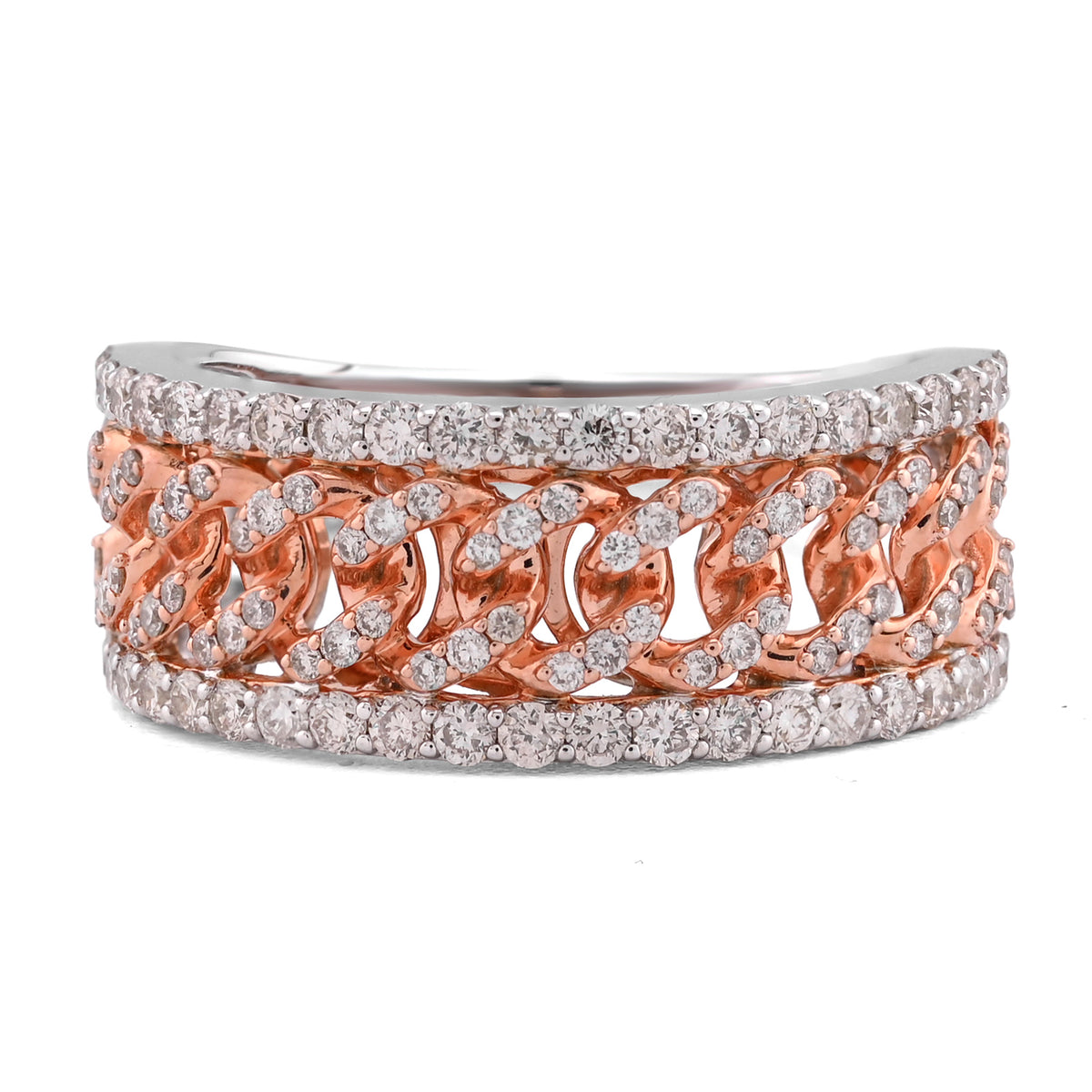 10k White/Rose Gold Cuban Link Centre 1.23CTW Natural Diamond Mens Ring Band 7.3gm
