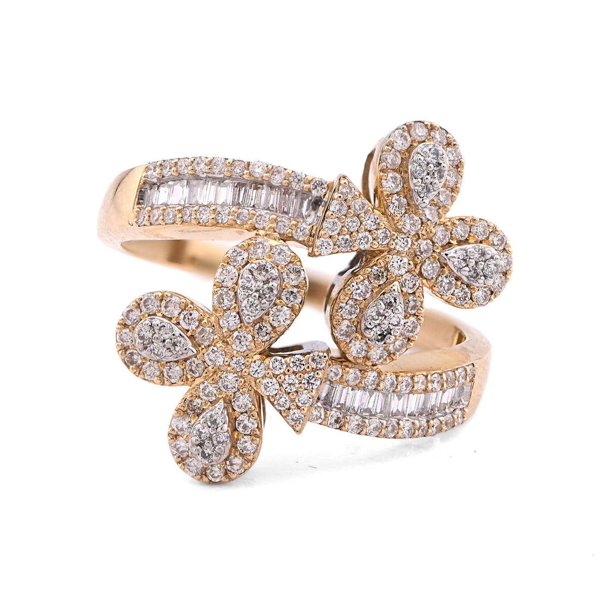 10k Yellow Gold Cuff 3-Leaf Clover 0.65CTW Natural Round/Baguette Diamond Womens Ring 3.2gm