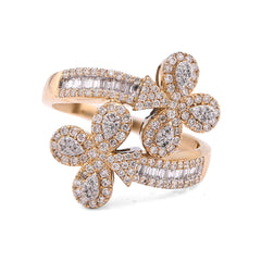 10k Yellow Gold Cuff 3-Leaf Clover 0.65CTW Natural Round/Baguette Diamond Womens Ring 3.2gm