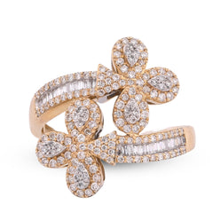 10k Yellow Gold Cuff 3-Leaf Clover 0.65CTW Natural Round/Baguette Diamond Womens Ring 3.2gm