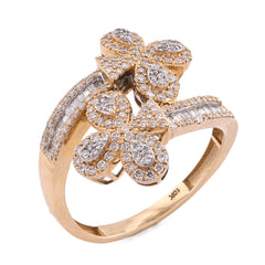 10k Yellow Gold Cuff 3-Leaf Clover 0.65CTW Natural Round/Baguette Diamond Womens Ring 3.2gm