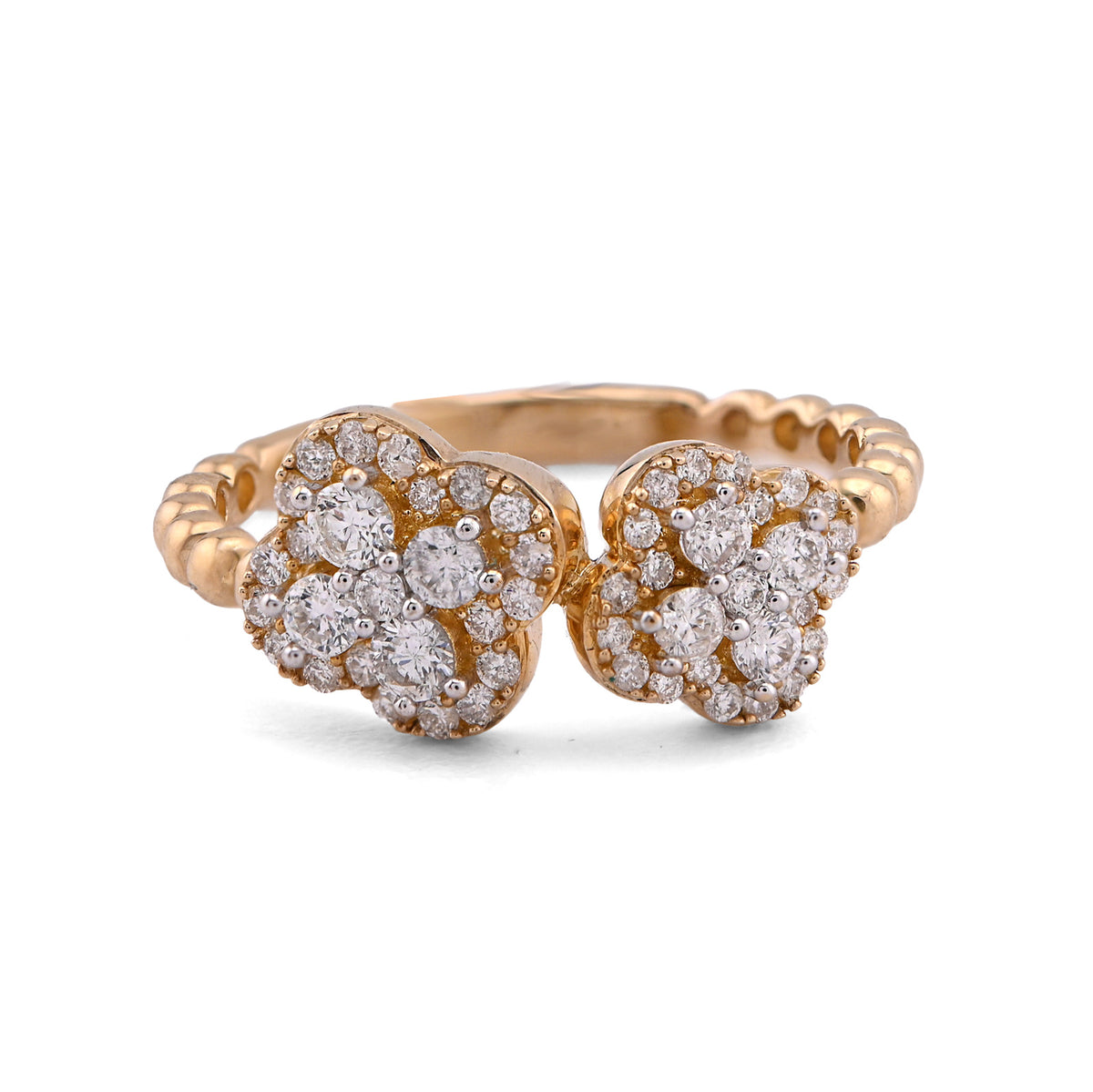 10k Yellow Gold Two 4-Leaf Clover Side Bead Band 0.50CTW Natural Diamond Womens Ring 2.3gm