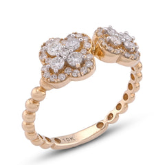 10k Yellow Gold Two 4-Leaf Clover Side Bead Band 0.50CTW Natural Diamond Womens Ring 2.3gm