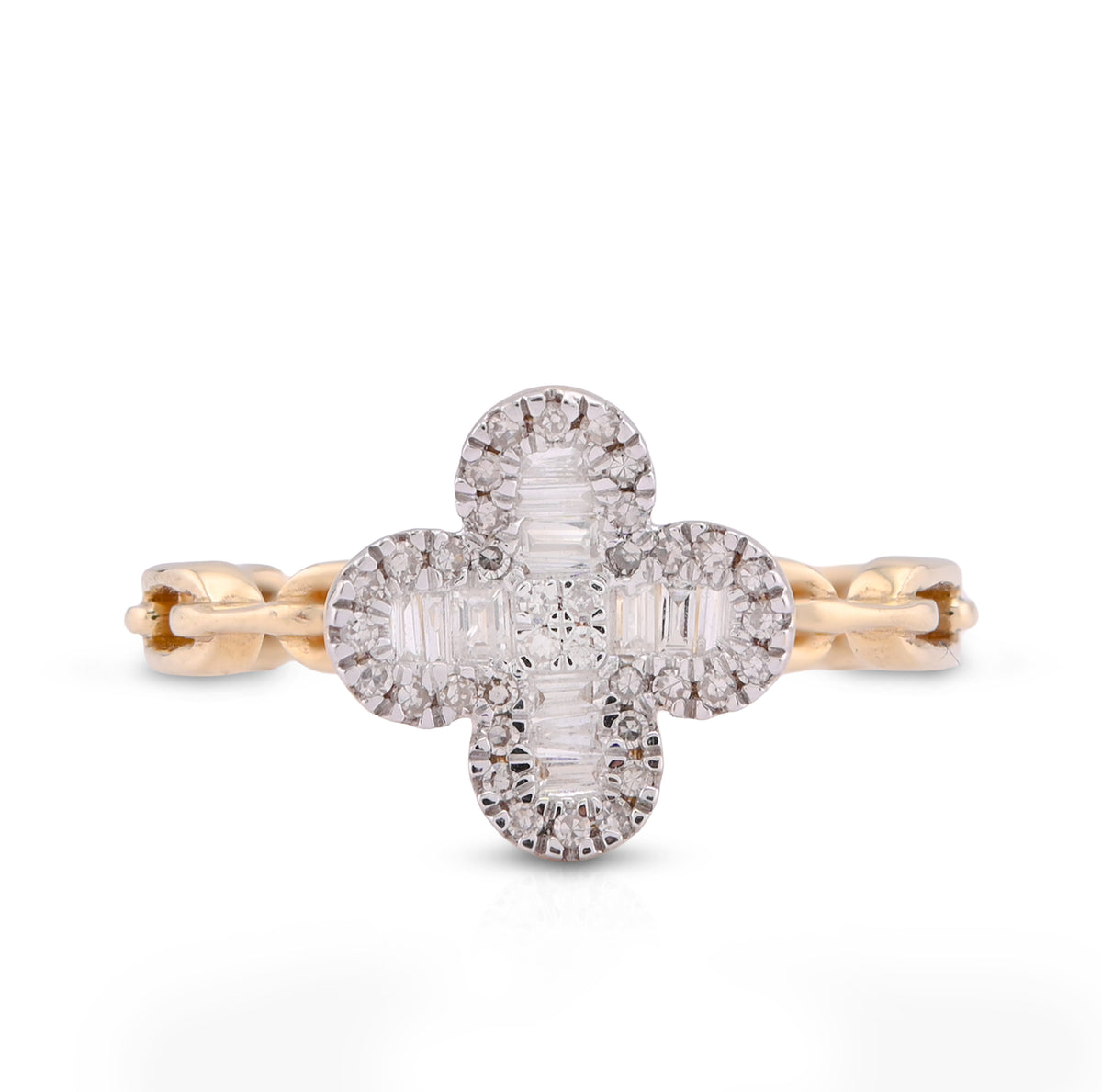 10k Yellow Gold 0.26CTW Round/Baguette 4-Leaf Clover Centre Chain-Link Natural Diamond Womens Ring 2.6gm