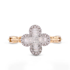 10k Yellow Gold 0.26CTW Round/Baguette 4-Leaf Clover Centre Chain-Link Natural Diamond Womens Ring 2.6gm