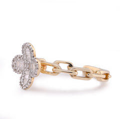 10k Yellow Gold 0.26CTW Round/Baguette 4-Leaf Clover Centre Chain-Link Natural Diamond Womens Ring 2.6gm