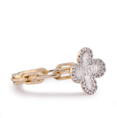 10k Yellow Gold 0.26CTW Round/Baguette 4-Leaf Clover Centre Chain-Link Natural Diamond Womens Ring 2.6gm