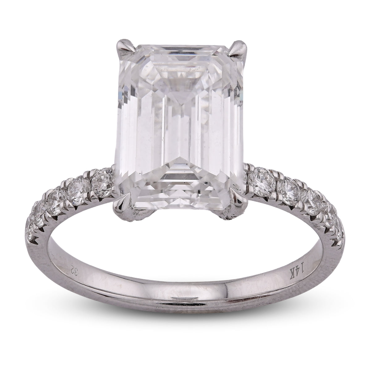 14k White Gold 3CTW Centre Emerald Solitaire 4.0CT Side Iced Women Lab Diamond Ring 3.2gm