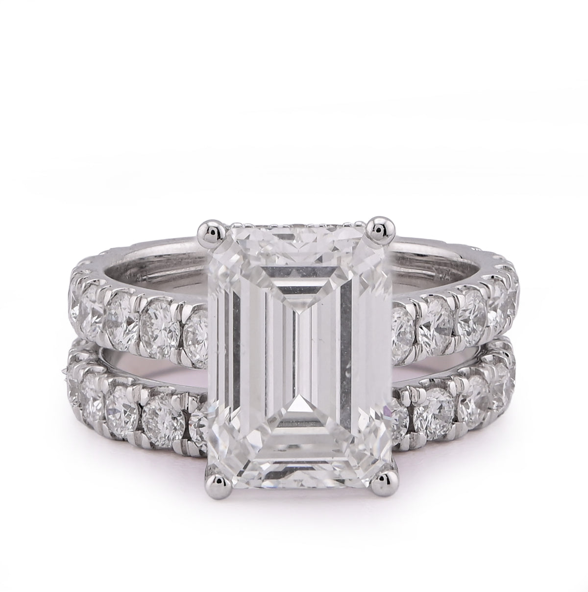 14k White Gold 5CTW Emerald Centre Solitaire 7.27CT Lab Diamond Women Ring with Band 8.6gm