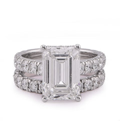 14k White Gold 5CTW Emerald Centre Solitaire 7.27CT Lab Diamond Women Ring with Band 8.6gm