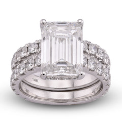 14k White Gold 5CTW Emerald Centre Solitaire 7.27CT Lab Diamond Women Ring with Band 8.6gm