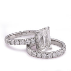 14k White Gold 5CTW Emerald Centre Solitaire 7.27CT Lab Diamond Women Ring with Band 8.6gm