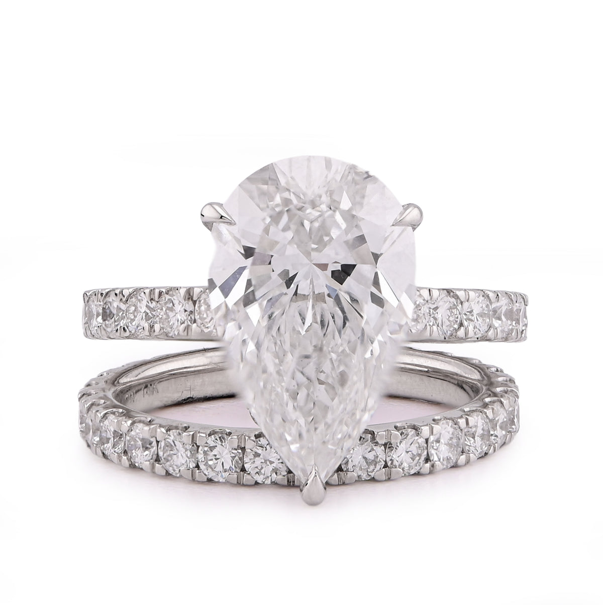 14k White Gold Tear Drop/Pear Shape 5.03CTW Solitaire with Band 7.01CT Lab Diamond Women Ring 7gm