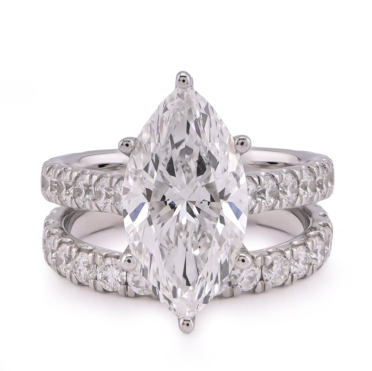 14k White Gold Marquise 4.06CTW Solitaire Centre Side Iced 6.11CT Womens Lab Diamond Ring with Band 7.8gm