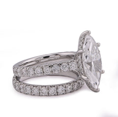 14k White Gold Marquise 4.06CTW Solitaire Centre Side Iced 6.11CT Womens Lab Diamond Ring with Band 7.8gm