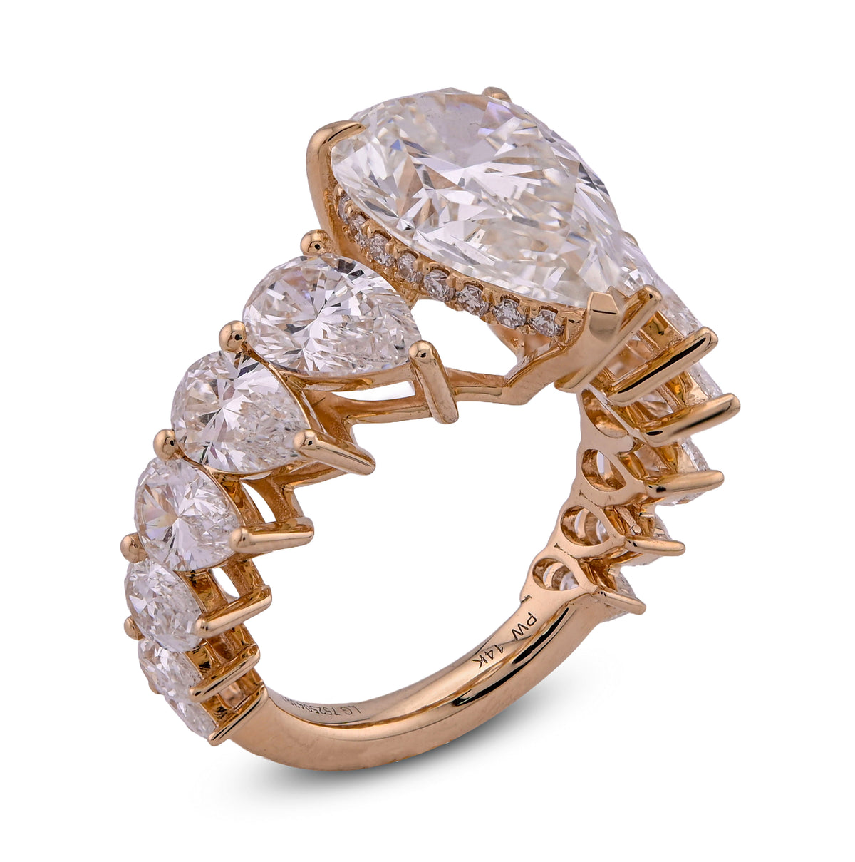14k Yellow Gold Tear Drop/Pear Shape Solitaire 5CTW Centre 9.8CT Side Iced Lab Diamond Women Ring 7.6gm