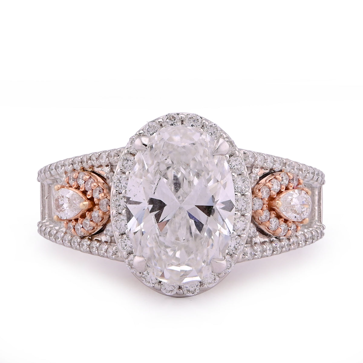14k White Gold Oval 3.0CTW Centre Solitaire Round/Baguette/Pear Lab Diamond 4.03CT Womens Ring 7.3gm