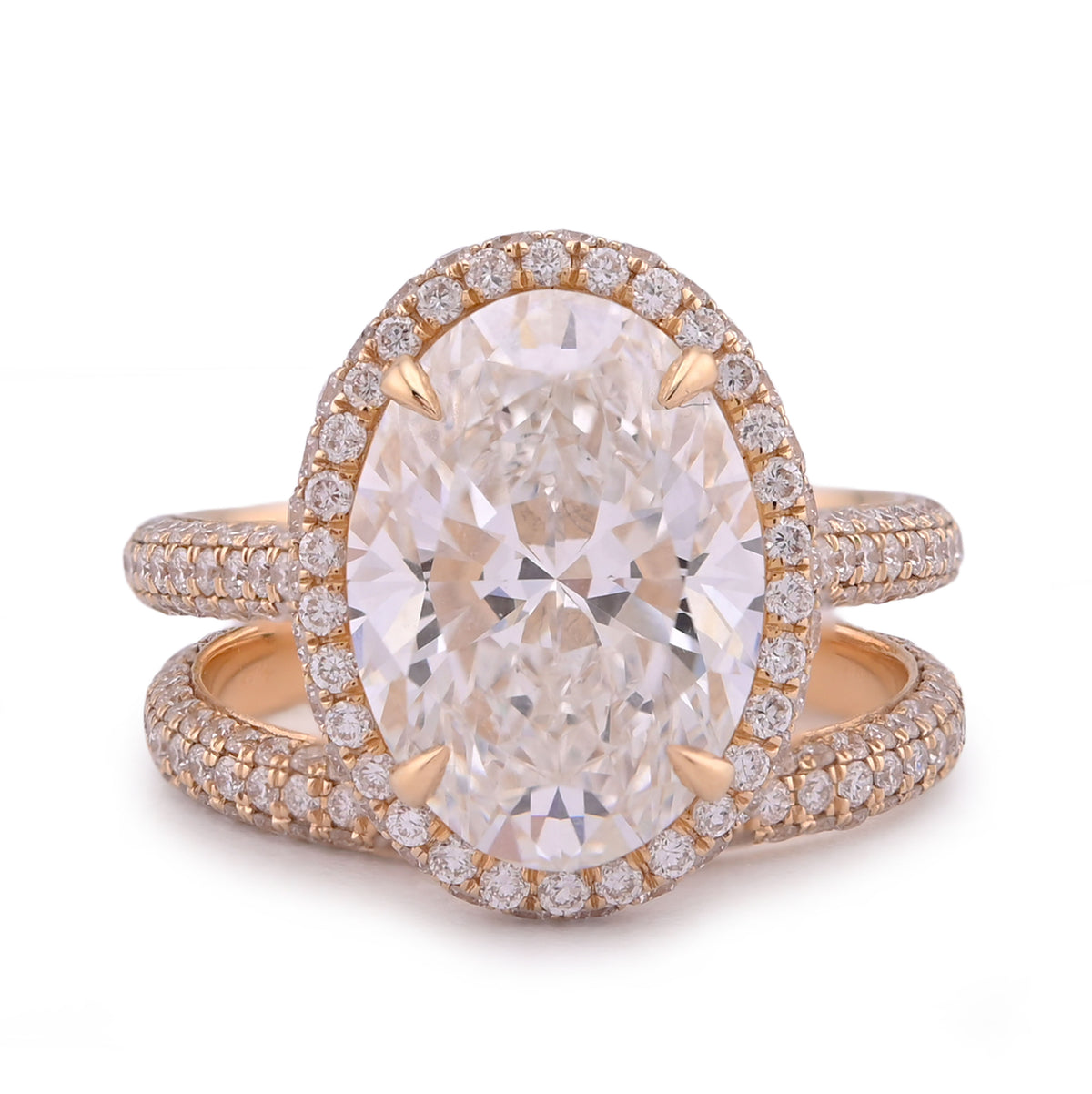 14k Yellow Gold Oval Shape 5.1CT Centre Solitaire 6.9CT Lab Diamond Side Round Women Ring with Band 7.2gm