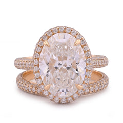 14k Yellow Gold Oval Shape 5.1CT Centre Solitaire 6.9CT Lab Diamond Side Round Women Ring with Band 7.2gm